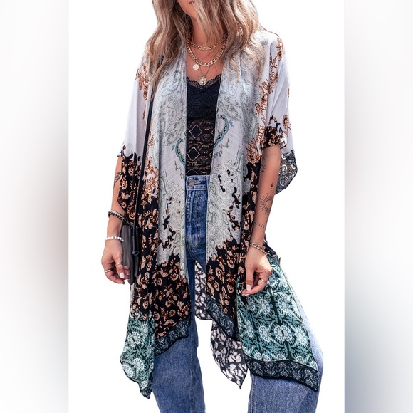 Green Boho Floral Print Irregular Hem Flowy Kimono - Picture 1 of 11